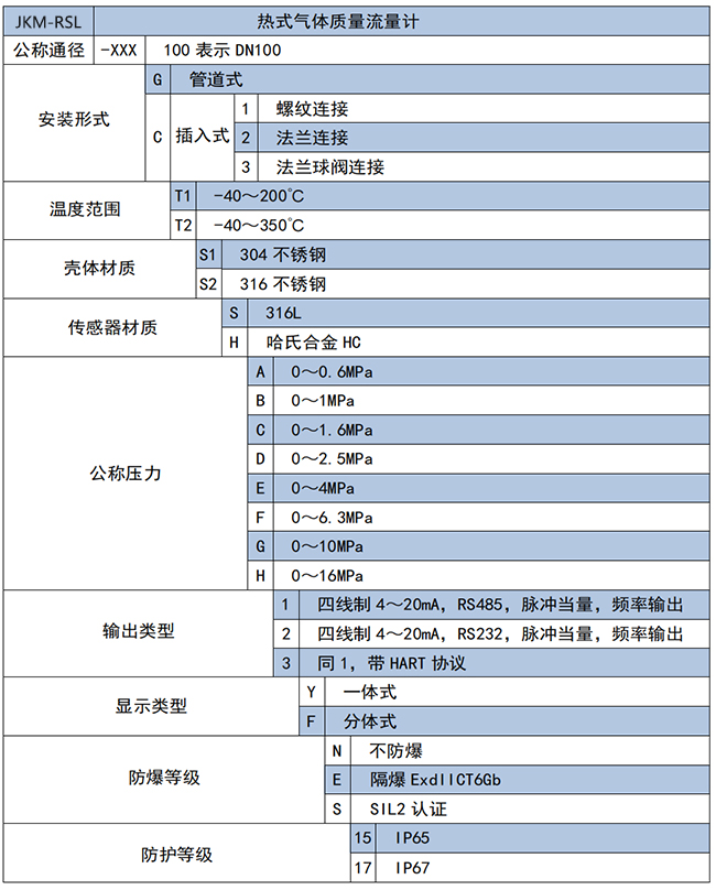 高壓熱式氣體質(zhì)量流量計(jì)選項(xiàng)表