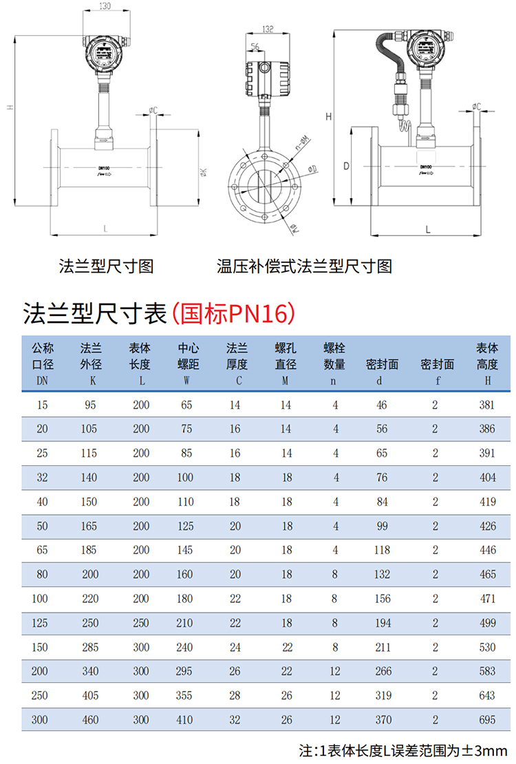 蒸汽預付費流量計法蘭式尺寸圖